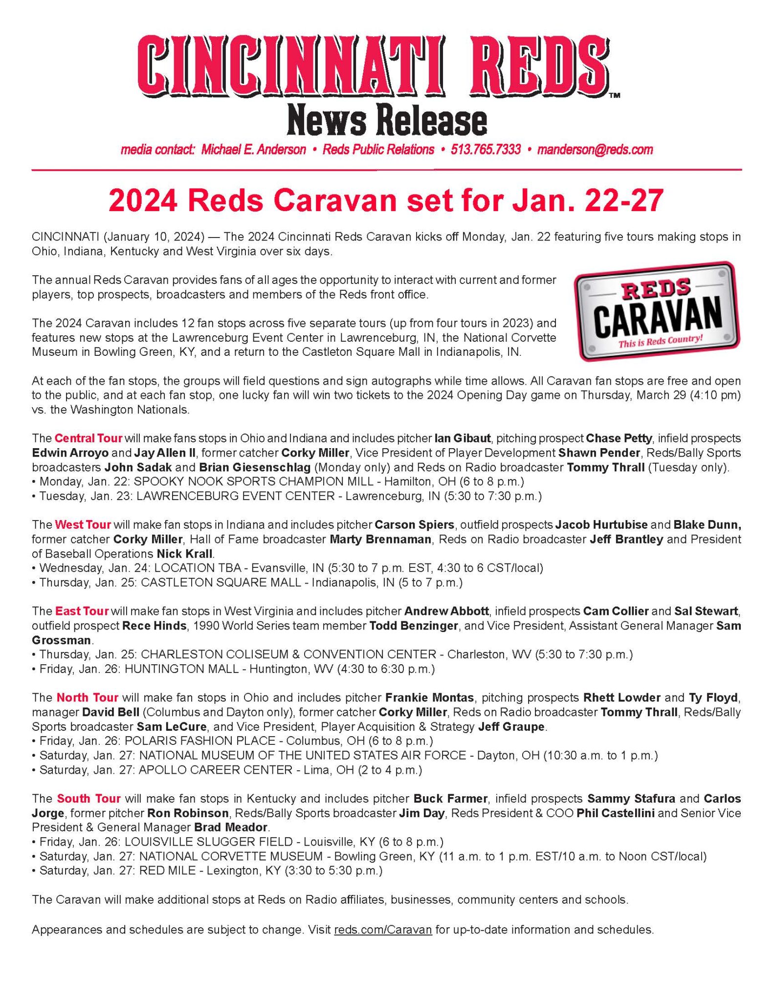Cincinnati Reds 2024 Reds Caravan National Corvette Museum